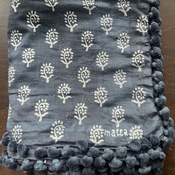 Matta Cotton Pom Pom Scarf, Blue & Silver, 19 x 68 Inches - Picture 1 of 7